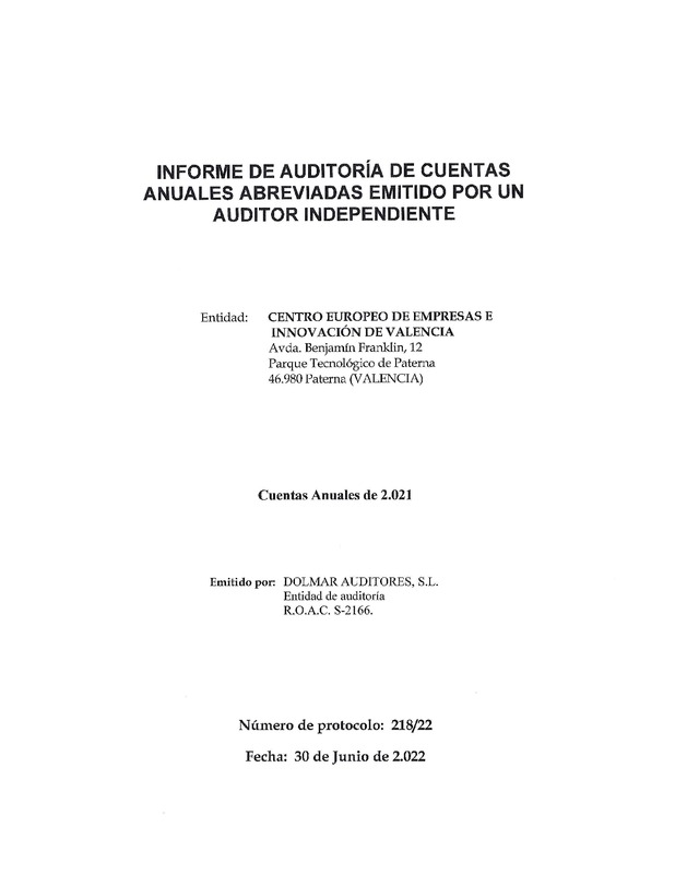 Informe Auditoría CEEI VLC 2021 (Portada)