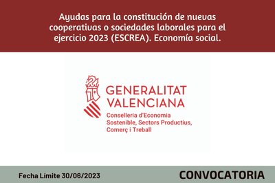 Ayudas para la constitución de nuevas cooperativas o sociedades laborales para el ejercicio 2023 (ESCREA). Economía social.