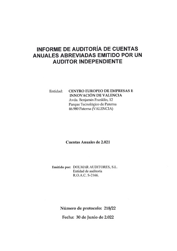 Informe Auditoría CEEI VLC 2021 (Portada)