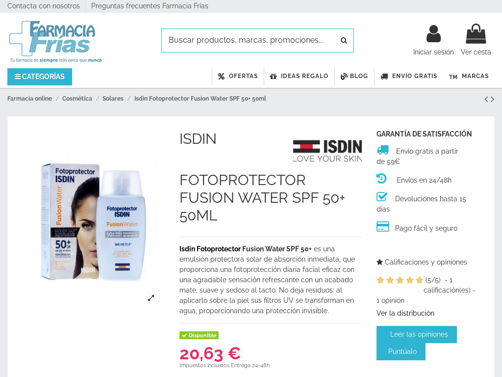 Comprar Isdin Fotoprotector Fusion Water SPF 50+ 50ml - Farmacia Frias